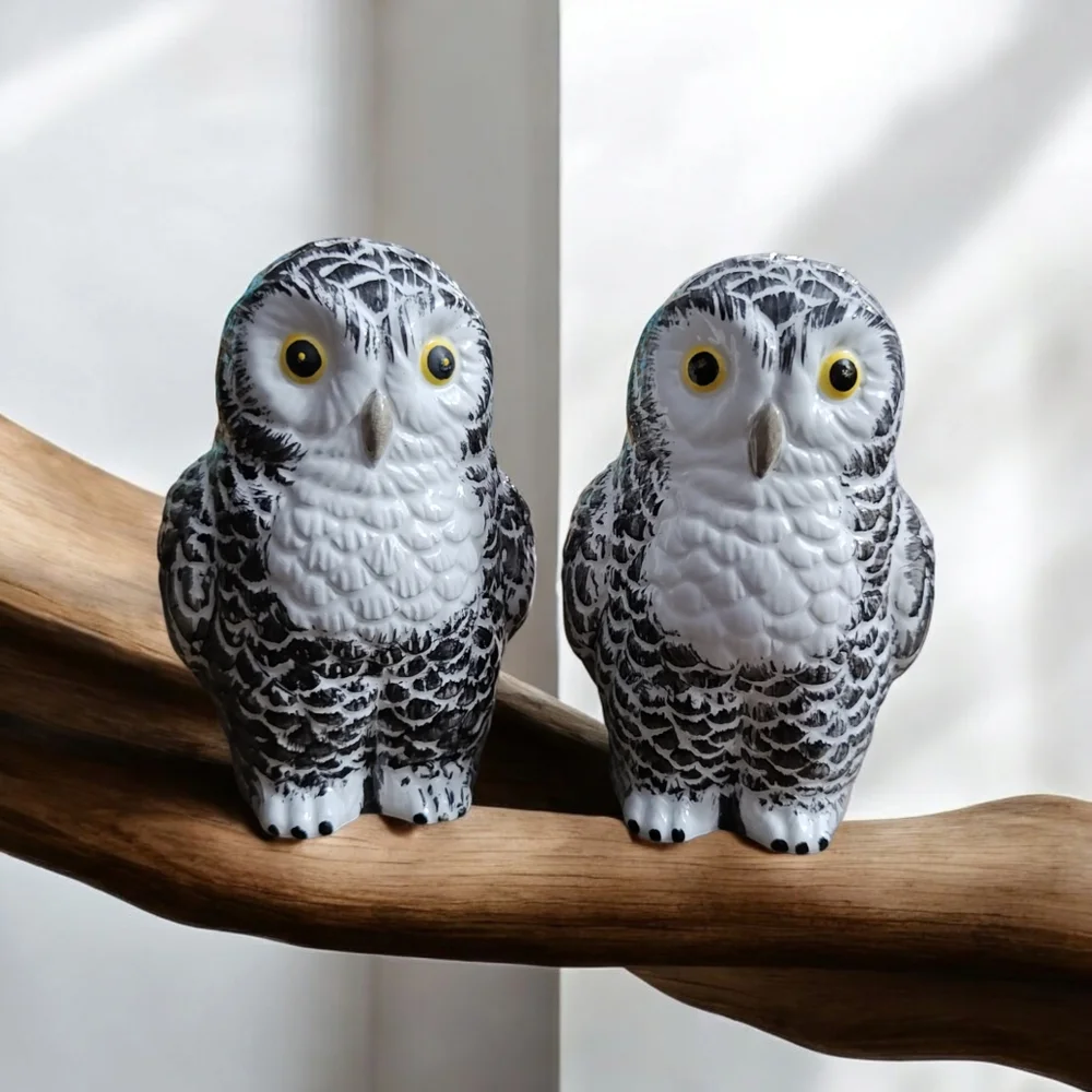 Vintage 1990's Black White Owl Salt & Pepper Shakers Cottagecore Farmhouse decor